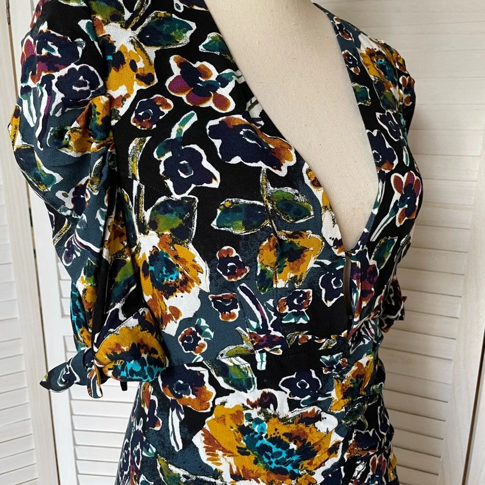 Free People Floral Dress Babydoll Flowy Rayon Sz 2 Short Sleeve Black Blue Green - Picture 5 of 7